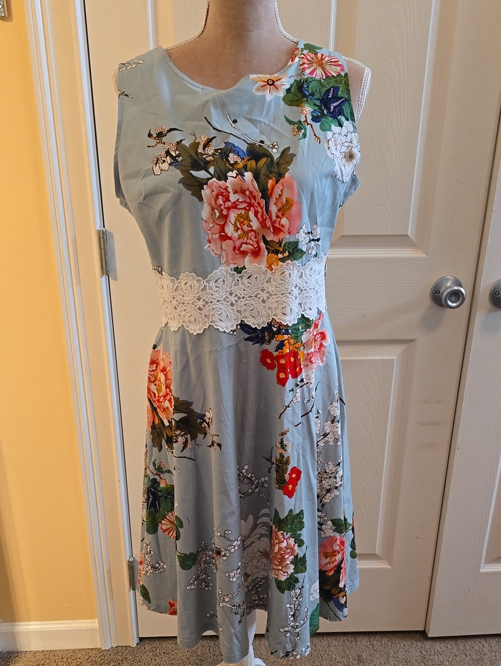 OWIN XL Light Blue Floral Midi Dress with Lace Waist
